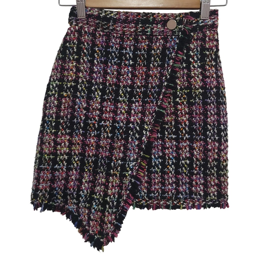 Asos Design‎ Womens Size 2 Black Multi Color Fringe Asymmetrical Tweed Skirt